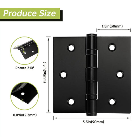 Three Pack Black Door Hinges 3.5 X 3.5 Inches Heavy Duty Stainless Steel Ball Bearing Hinges With Screws Powder Coated Rust Proof Square Corner Smooth And Quiet For Interior Doors, 3.5in