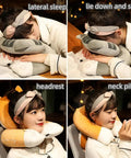 Woman using Desk Nap Pillow For Office And Travel With Breathable Hole Face Down Napping Cushion Cartoon Animal Headrest All Day Comfort PP Cotton Neck Support Detachable Washable Cover Skin Friendly Pad in various positions.