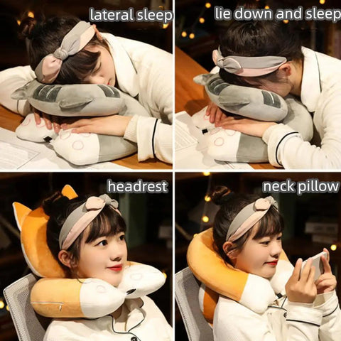 Woman using Desk Nap Pillow For Office And Travel With Breathable Hole Face Down Napping Cushion Cartoon Animal Headrest All Day Comfort PP Cotton Neck Support Detachable Washable Cover Skin Friendly Pad in various positions.