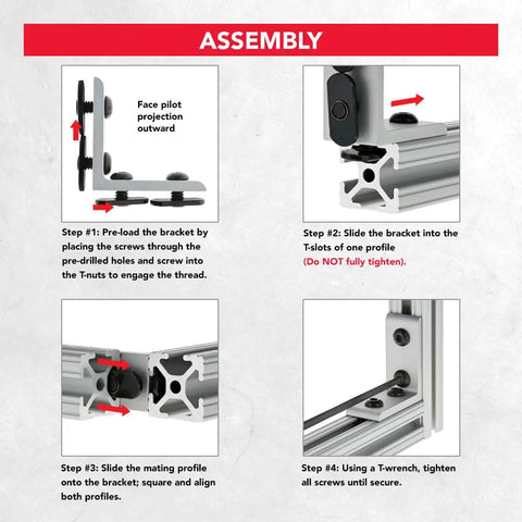 Assembly instructions for All American He Man Heavy Duty Four Hole Tall Inside Corner Bracket for T Slot Aluminum profiles.