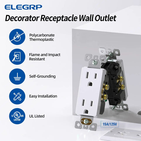 Decorator Receptacle 15A 125V Standard Wall Outlet NEMA 5 15R Non Tamper Resistant Self Grounding Residential UL Listed Glossy