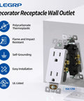 No Tamper Resistant Decorator Receptacle 15A 125V NEMA 5 15R Self Grounding Residential UL Listed Glossy White 20 Pack outlet