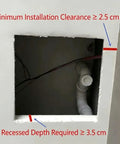 Ceiling Access Panel With Built In Filter Grid Louvered Hinged Vent Cover For Drywall Ceilings, showing installation clearance and depth specs.