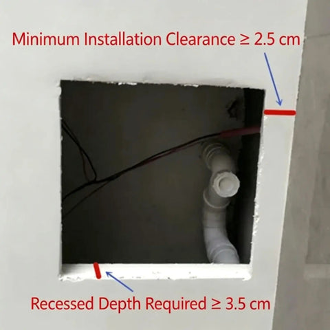 Ceiling Access Panel With Built In Filter Grid Louvered Hinged Vent Cover For Drywall Ceilings, showing installation clearance and depth specs.