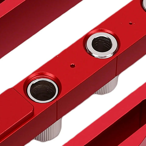 Close-up of Self Centering Doweling Jig Kit With Premium Steel Bushings showing aluminum construction and drill bushings.