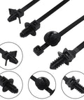 Heavy Duty 40 Pack Push Mount Zip Ties Snap in Nylon Cable Clips for Automotive Wire Harness Management Black Under Hood Fasteners Built Tough as Nails With Dead Simple Install detail of clips showing varied designs.