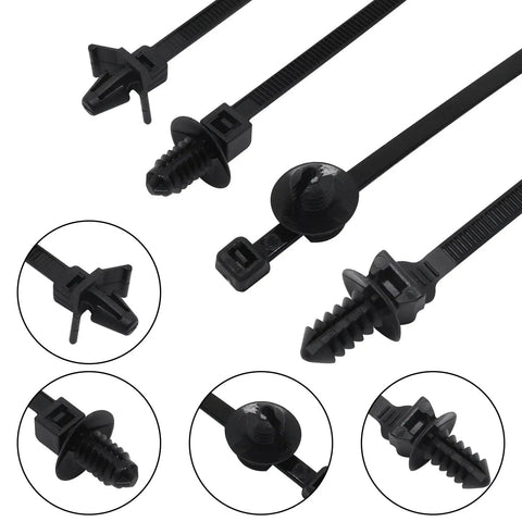 Heavy Duty 40 Pack Push Mount Zip Ties Snap in Nylon Cable Clips for Automotive Wire Harness Management Black Under Hood Fasteners Built Tough as Nails With Dead Simple Install detail of clips showing varied designs.