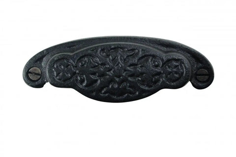 Kickass Black Wrought Iron Drawer Pulls Rock Solid Rust Resistant Powder Coat Finish 3.25 Inch Center Cup Bin Cabinet Hardware Smooth Grip Pack Of Six Built Tough, close-up view of a decorative pull.