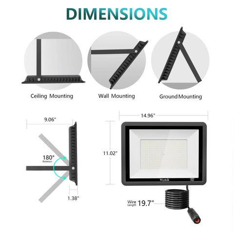 Outdoor LED Flood Lights 200W 2 Pack IP66 Waterproof Bowfishing Lights dimensions and mounting options.