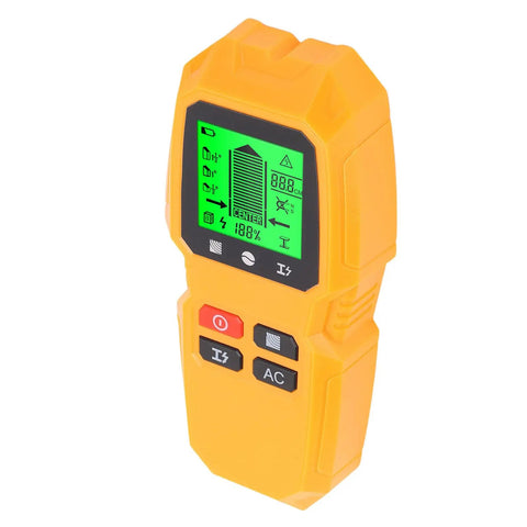 GYZOUKA Wall Scanner Stud Detector for Wood Metal Live AC Wire Locating, ergonomic yellow device with green display.