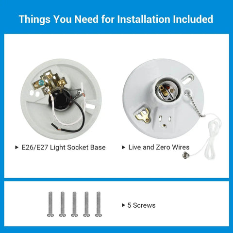 Porcelain Pull Chain Light Socket With Grounded Outlet, E26 E27 Base, shown with screws and wiring included for installation.