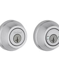 Double Cylinder Gate Latch Lock With Keyed On Exterior And Interior Sides Satin Chrome Finish Pick Resistant SmartKey Rekey Security For Secure Exterior Gates And Front Entry Doors, two round locks visible