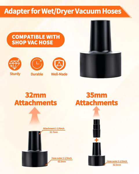 Universal wet/dry vacuum hose adapter kit for 32mm and 35mm attachments, compatible with shop vac hoses, durable and well-made.