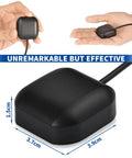 Hand holding Waterproof Pro Grade GPS Antenna with SMA Male Connector, compact size, for car stereo navigation systems.