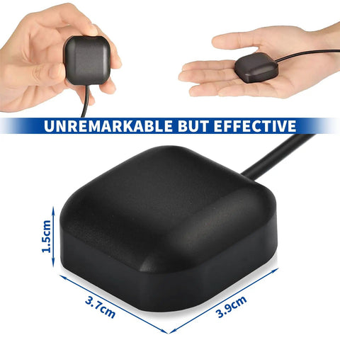 Hand holding Waterproof Pro Grade GPS Antenna with SMA Male Connector, compact size, for car stereo navigation systems.