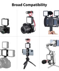 VL49 2000mAh LED Video Light With 3 Cold Shoe Mounts on cameras and rigs for vlogging and filming, showcasing compatibility