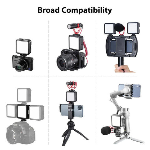 VL49 2000mAh LED Video Light With 3 Cold Shoe Mounts on cameras and rigs for vlogging and filming, showcasing compatibility