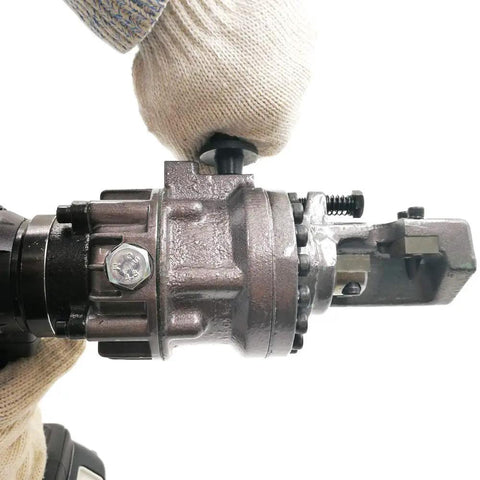 Close-up of Cordless Rebar Cutter RC16B Portable Construction Tool in use, showing cutting mechanism for 4mm to 16mm rebar.