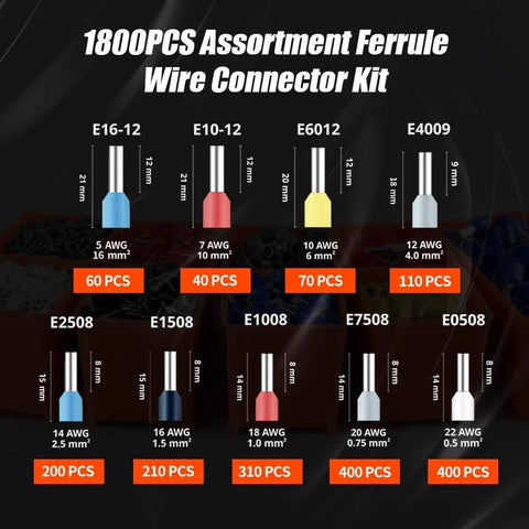 Infographic of 1800PCS Ferrule Wire Connector Kit with various sizes for Self Adjusting Ferrule Crimping Tool Kit For AWG 30 To 5