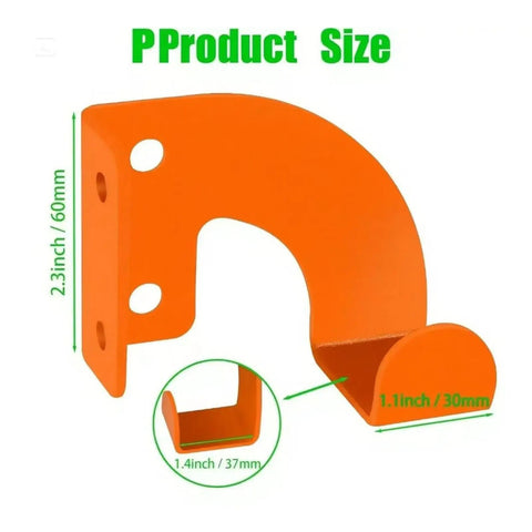 Heavy Duty Iron Power Tool Hanger Wall Mount, orange metal, with dimensions for garage and shed organization.