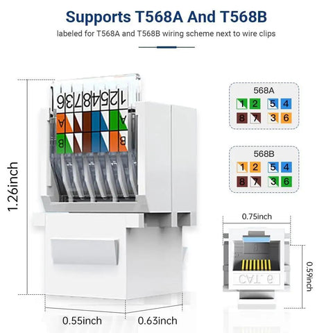 Diagram of 10-Pack Tool-Less Cat6 RJ45 Keystone Jacks showing T568A and T568B wire color coding and dimensions for installation.