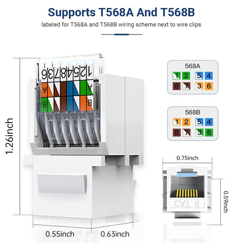 Close-up of 50 Pack Cat6 Toolless RJ45 Keystone Jacks No Punch Down Required Module Couplers White For Easy Snap In Install No Fuss Setup And Rapid Reliable UTP Network Terminations, showing wiring scheme and measurements.
