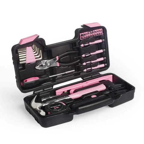 Pink 39-Piece General Home Tool Set With Portable Toolbox Case, Your DIY Must-Have Hand Tools Kit, Includes Tape Measure, Claw Hammer, Slip Joint Pliers, Level Ruler, And More For Quick Home Repairs