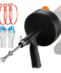 Upgraded Heavy Duty Drain Auger Snake with drill attachment, flexible coil, gloves for kitchen sink cleanup.