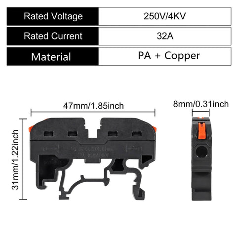 Front and side view of Pro Grade Din Rail Terminal Block Kit 30 Piece Universal Compact Wire Connector Set dimensions and materials
