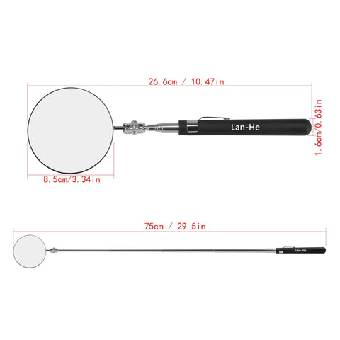 360 Degree Telescoping Inspection Mirror On Extendable Stick With 85mm Mirror Diameter, Swivel Double Ball Joint, 34 Inch Reach, 7.5 Inch Collapsed, Pro Grade Auto Mechanics Tool For Tight Spots, Dead Angles, And Obstacle Viewing, shown extended