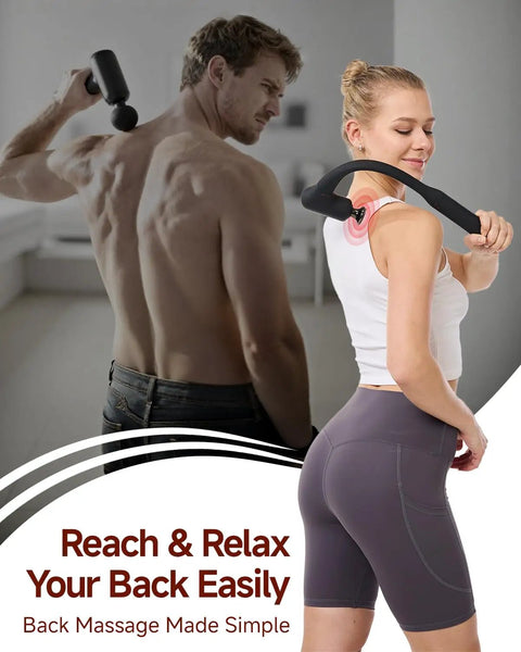 Man and woman using Upgraded 2 In 1 Massage Gun With Heat For Deep Tissue Back And Neck Relief Extension Handle Pro Grade Handheld Muscle Massager