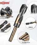5/8 Inch Reduced Shank Drill Bit with detailed view of design features, gold titanium coating, and universal shank.