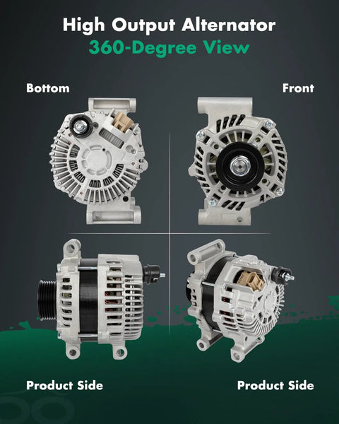 Alternator Replacement For Ford Escape 09-12, Fusion 10-12, Mazda Tribute 09-11, Mercury Mariner 09-11, Milan 10-11 V6 3.0L 12V 150 Amp With CW 6 Groove Pulley OE 11411 High Output Auto Charging Upgrade Beefed Up Power, shown in multiple views: bottom, front, and side.