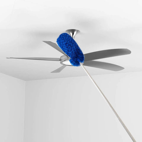 Grab And Go Cobweb Duster With Extension Pole Kit Washable Duster cleaning a ceiling fan using aluminum telescoping rod in blue.
