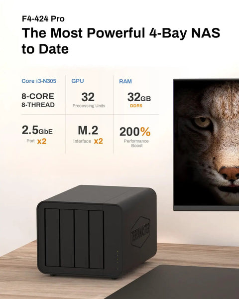 Rock Solid Four Bay Nas Server Built Around A Legit Badass Intel I3 N305 with a sleek black design on a wooden desk.