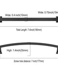 Dimensional diagram of 10 Pack 7 Inch Matte Black Cabinet Handles With 177mm Hole Centers showing measurements and angles.