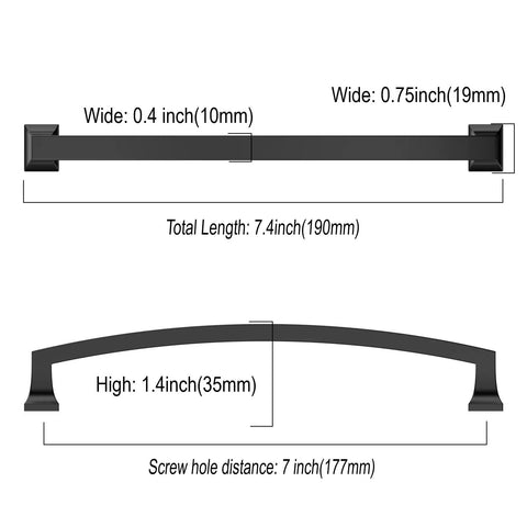 Dimensional diagram of 10 Pack 7 Inch Matte Black Cabinet Handles With 177mm Hole Centers showing measurements and angles.