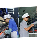 Top Shelf Cotton Work Hat And Cleanroom Cap Duo For Doctors And Nurses White Pair workers sewing in factory setting.