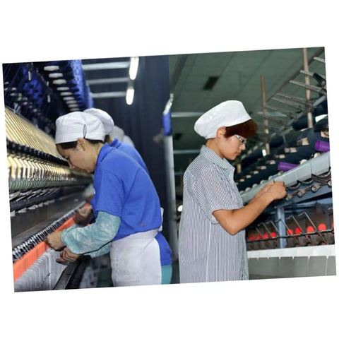 Top Shelf Cotton Work Hat And Cleanroom Cap Duo For Doctors And Nurses White Pair workers sewing in factory setting.