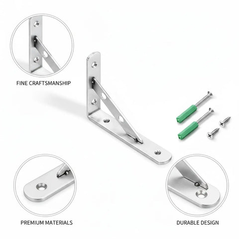 Stainless Steel Triangle Shelf Bracket Wall Mount For Floating Shelves, Heavy Duty Kitchen And Living Room Storage Support, 15.7 By 5.9 By 1.2 Inches, One Piece with screws and wall anchors visible