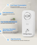 Wireless Water Leak Detectors With 90dB Alarm showing design features; high quality ABS material, corrosion resistance.
