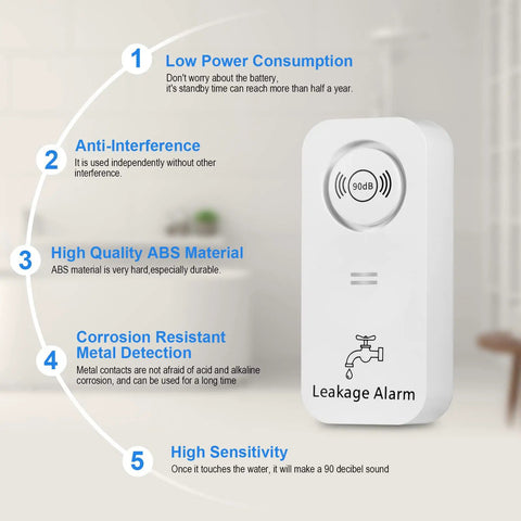 Wireless Water Leak Detectors with 90dB Adjustable Alarm, corrosion resistant ABS material, shown with specifications