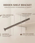 Slim 0.47 Inch Hidden Shelf Bracket made from cold rolled steel, durable wardrobe and cabinet shelving support in brown finish, tight spaces