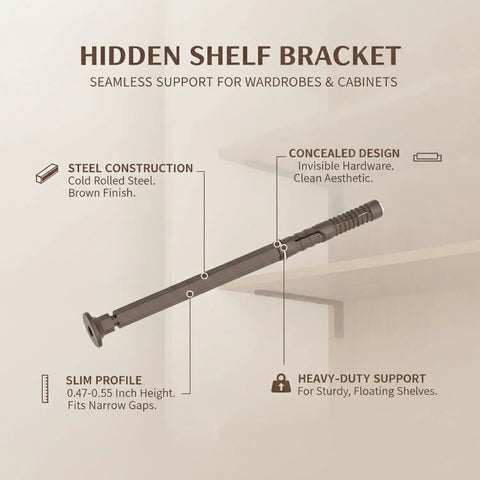 Slim 0.47 Inch Hidden Shelf Bracket made from cold rolled steel, durable wardrobe and cabinet shelving support in brown finish, tight spaces