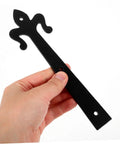 HAKIDZEL heavy-duty black iron hinge plate with mounting holes and decorative end (front view)