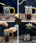 12 Ounce French Press Coffee Maker With Stainless Steel Filter And Borosilicate Carafe, One Cup Brew, Durable Bamboo Handle in use
