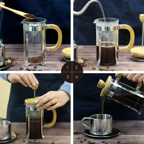 12 Ounce French Press Coffee Maker With Stainless Steel Filter And Borosilicate Carafe, One Cup Brew, Durable Bamboo Handle in use