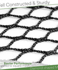Close-up of 10x10ft Golf Impact Net with diamond-shaped mesh, heavy-duty 3.0mm polyester, black stealth finish, backyard practice.