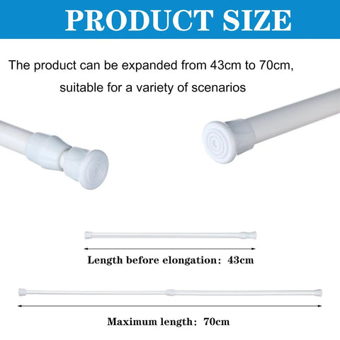 Four Pack White Window Security Bars Extendable Tension Rods 17 To 27.6 Inch Half Inch Diameter With Rubber Tips For Sliding Doors And Windows Locking Safety Bar For Bathroom Cupboard, shown with size range from 43 cm to 70 cm.