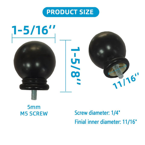 Four Pack Ball Shape Curtain Rod Finials For Five Eighth Inch Rods With M5 Thread Plastic Drapery Ends, black, 1-5/16 inch size